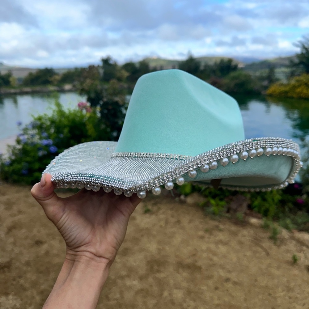 Robin blue rhinestone pearl cowboy hat